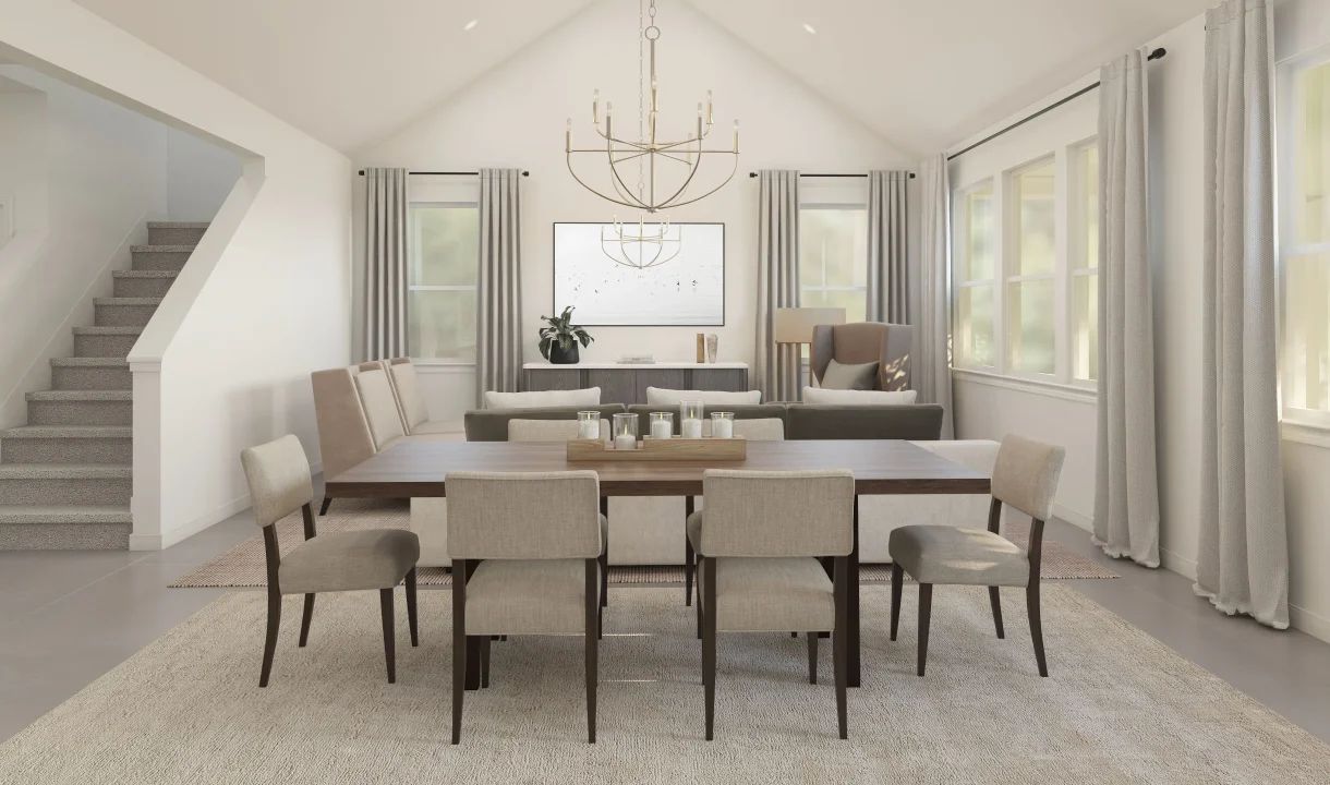 Dining area with chandelier overlooking great room