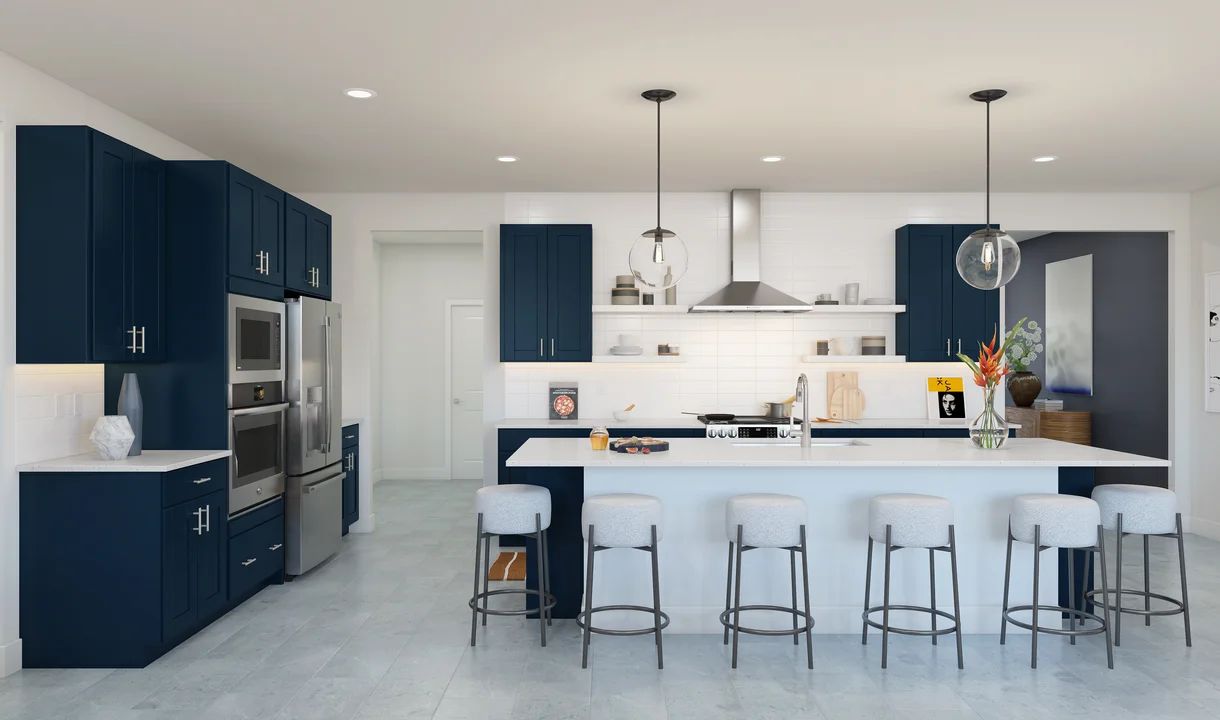 Kitchen with pendant lighting and floating shelves