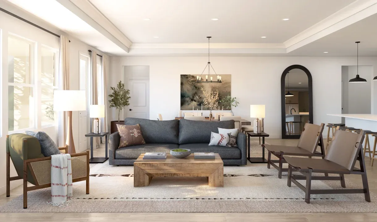 Great room with tray ceiling and crown moulding