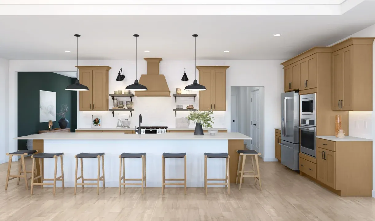 Kitchen with pendant lighting and floating shelves