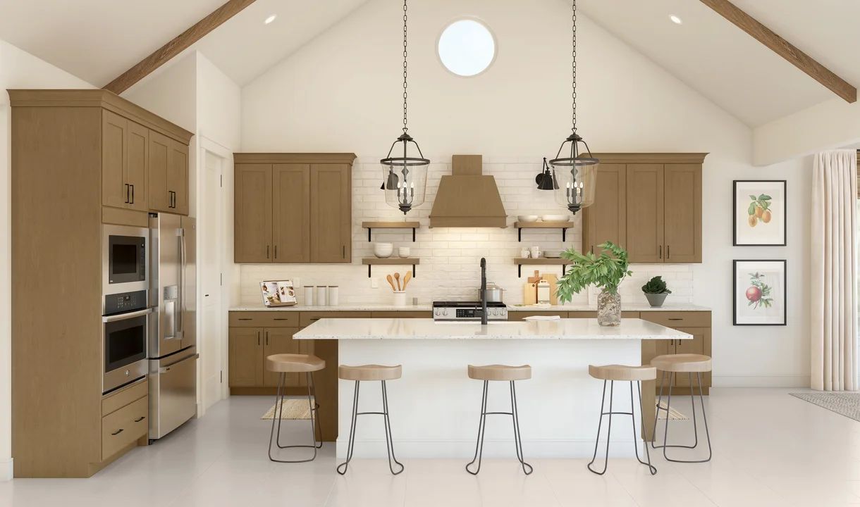 Kitchen with pendant lighting and stained ceiling beams