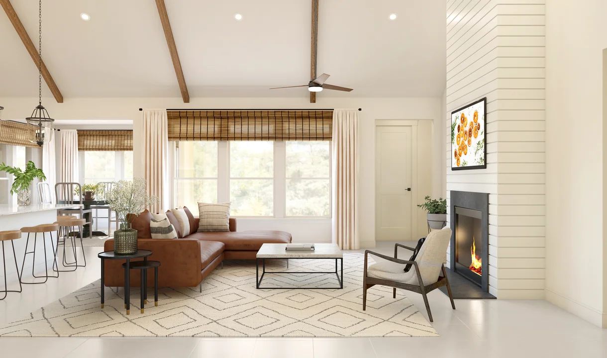 Great room with vaulted ceiling and stained ceiling beams