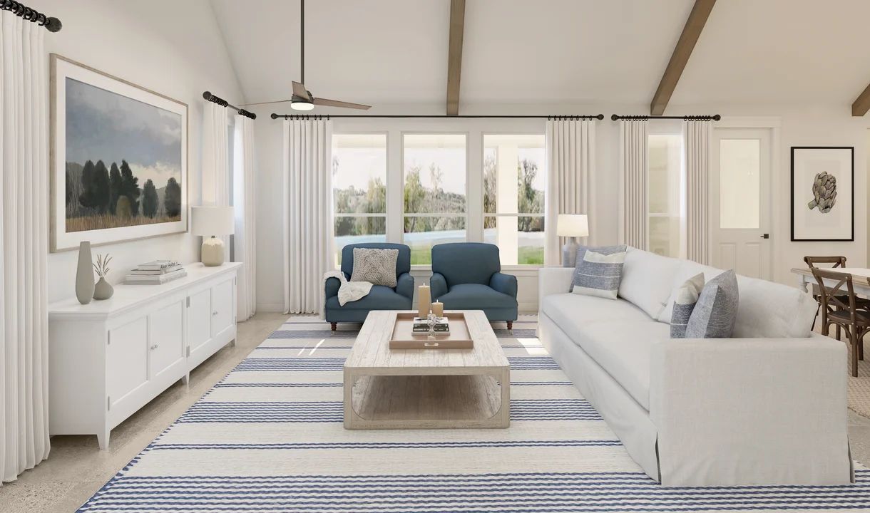 Great room with vaulted ceiling and stained ceiling beams