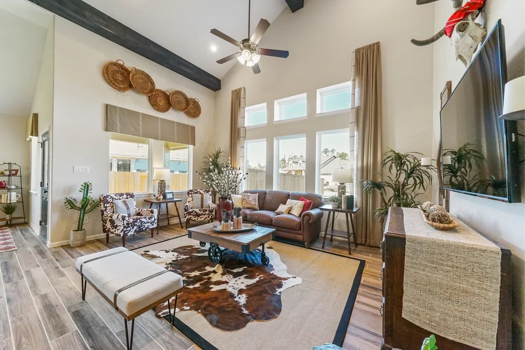 Great room with sloped ceiling
