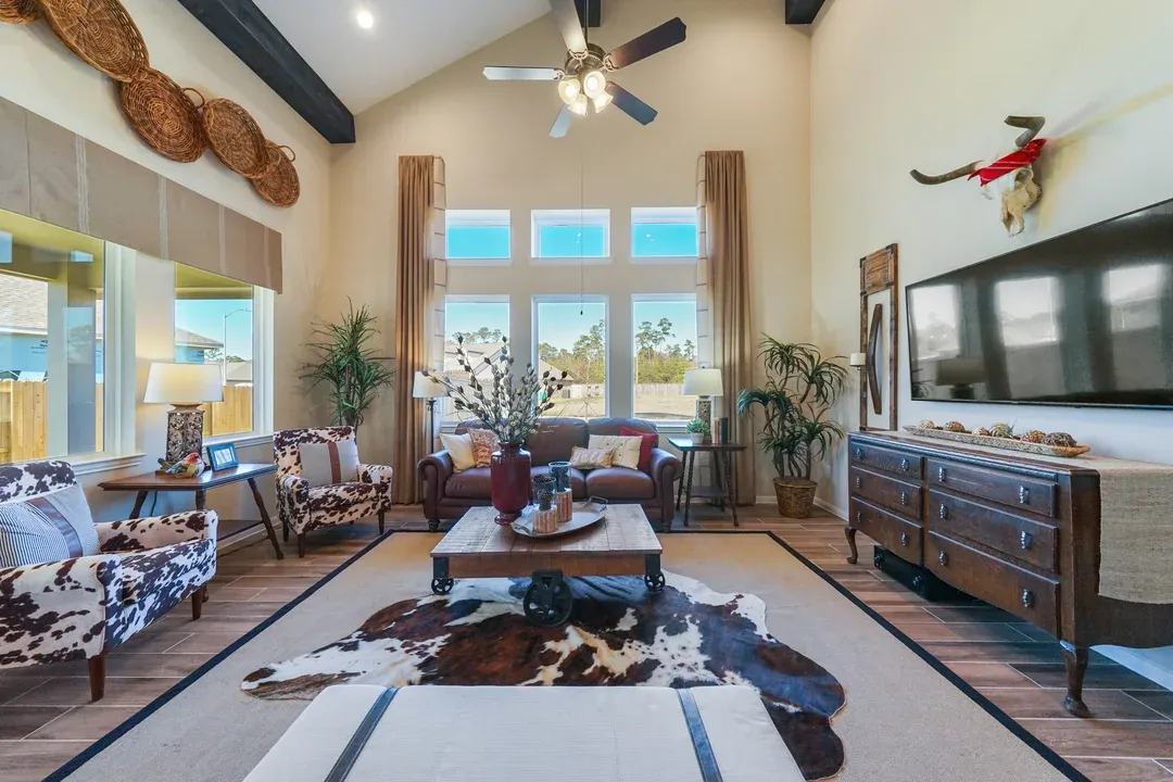 Great room with sloped ceiling