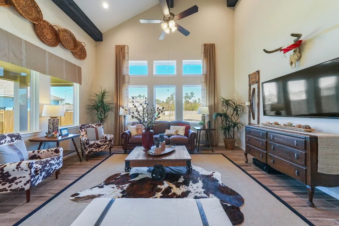 Great room with sloped ceiling