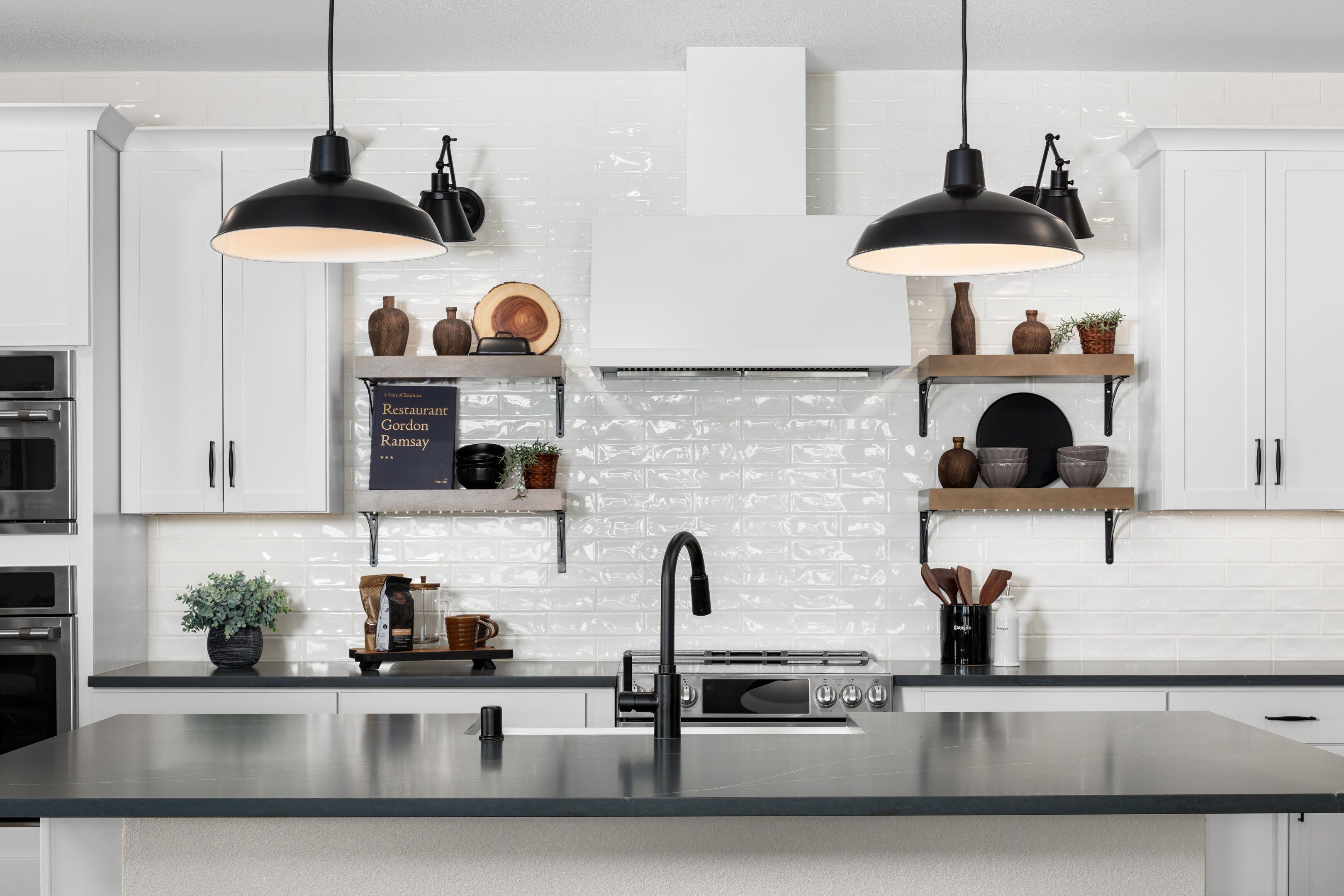 Floating shelves and subway tile backsplash