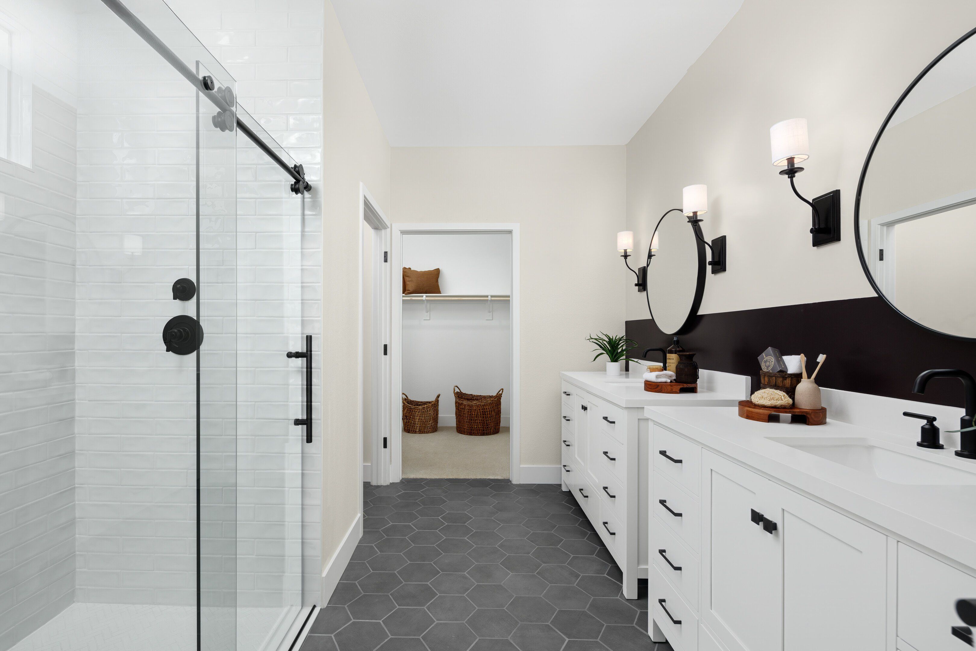 Primary bath with glass shower enclosure