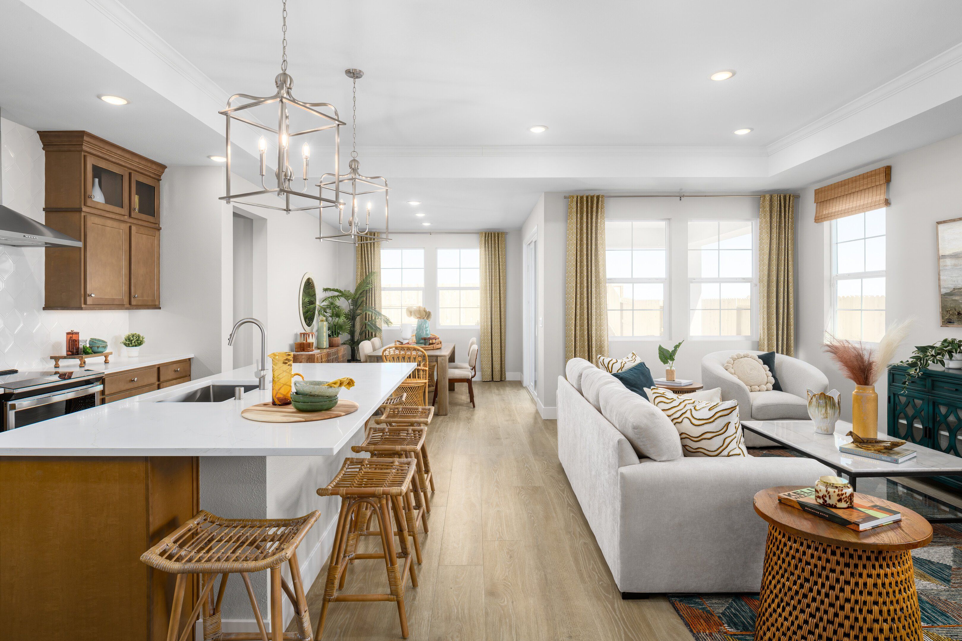 Stately pendant lighting over the kitchen island