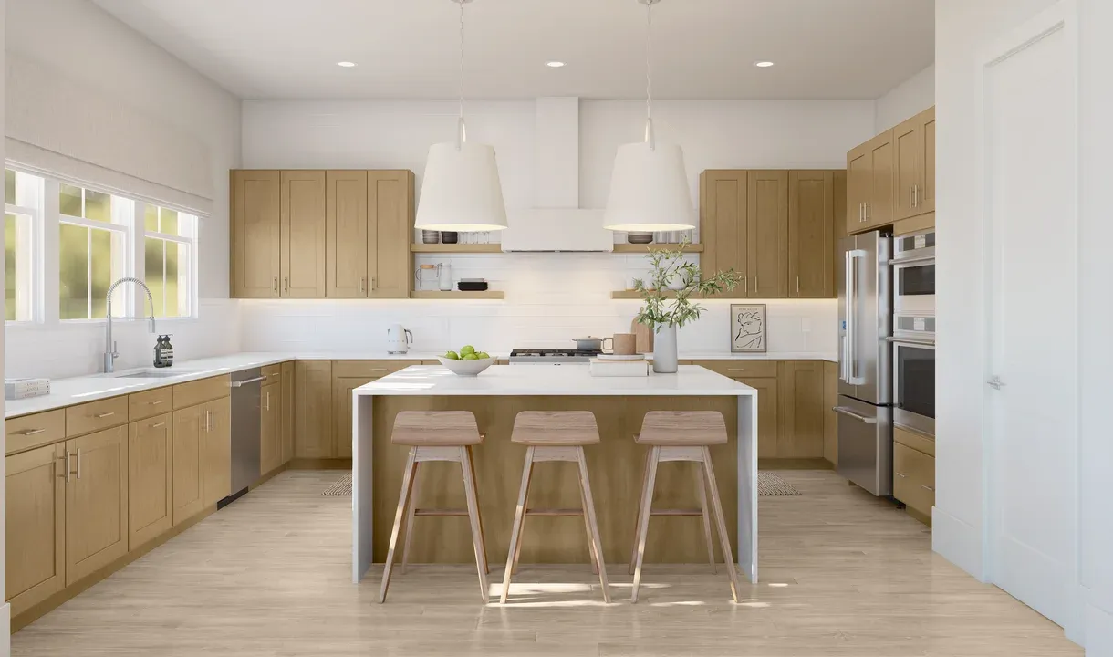 Kitchen with wood-stained cabinets & floating shelves