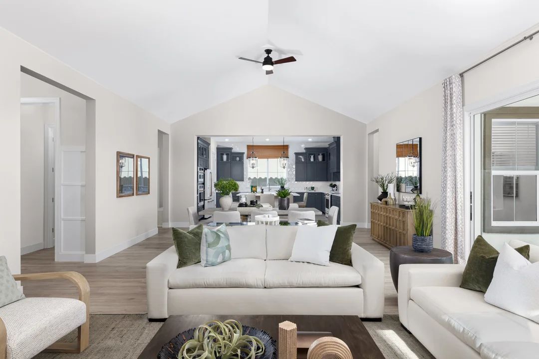 Great room with vaulted ceiling and gorgeous flooring