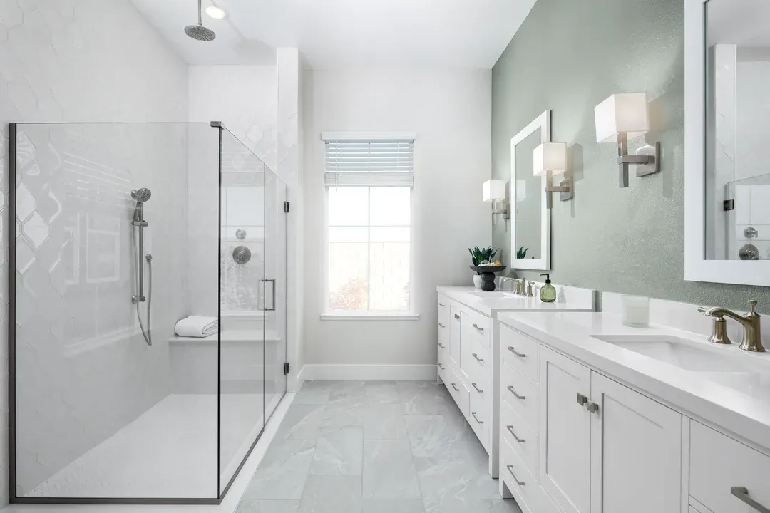 Primary bath with glass shower enclosure