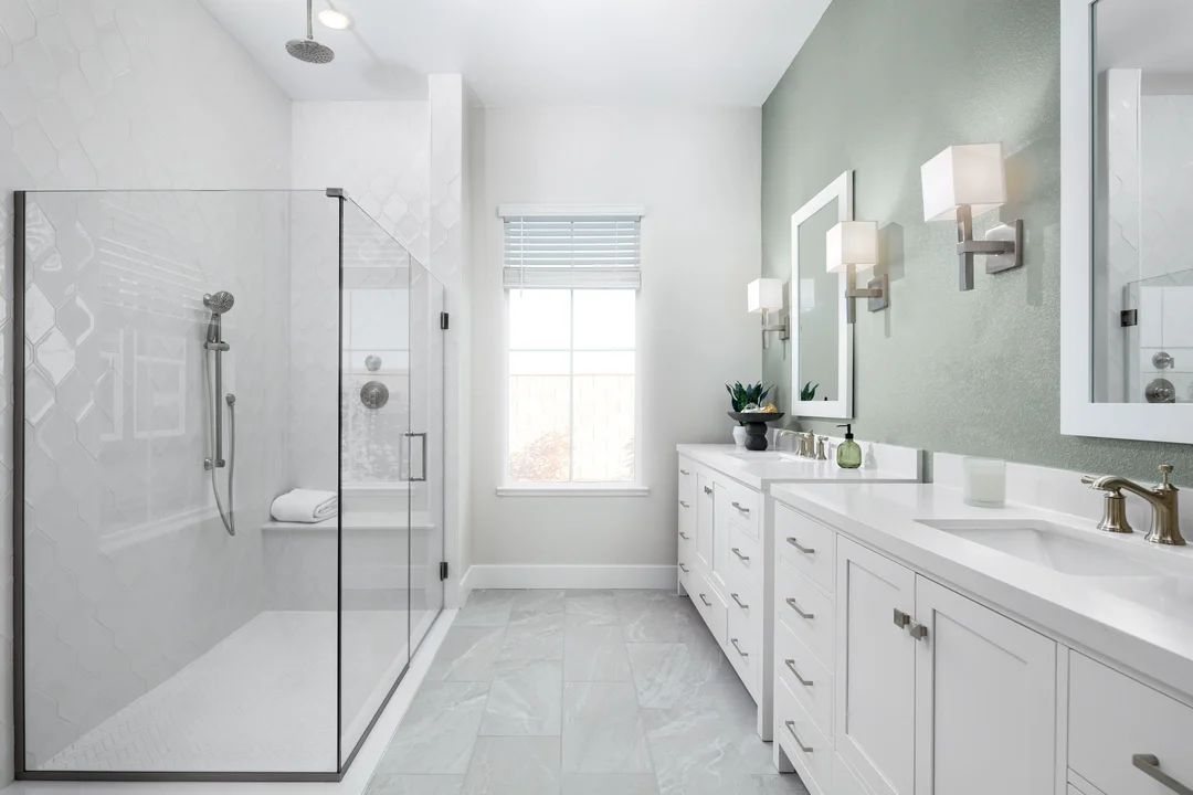 Primary bath with glass shower enclosure