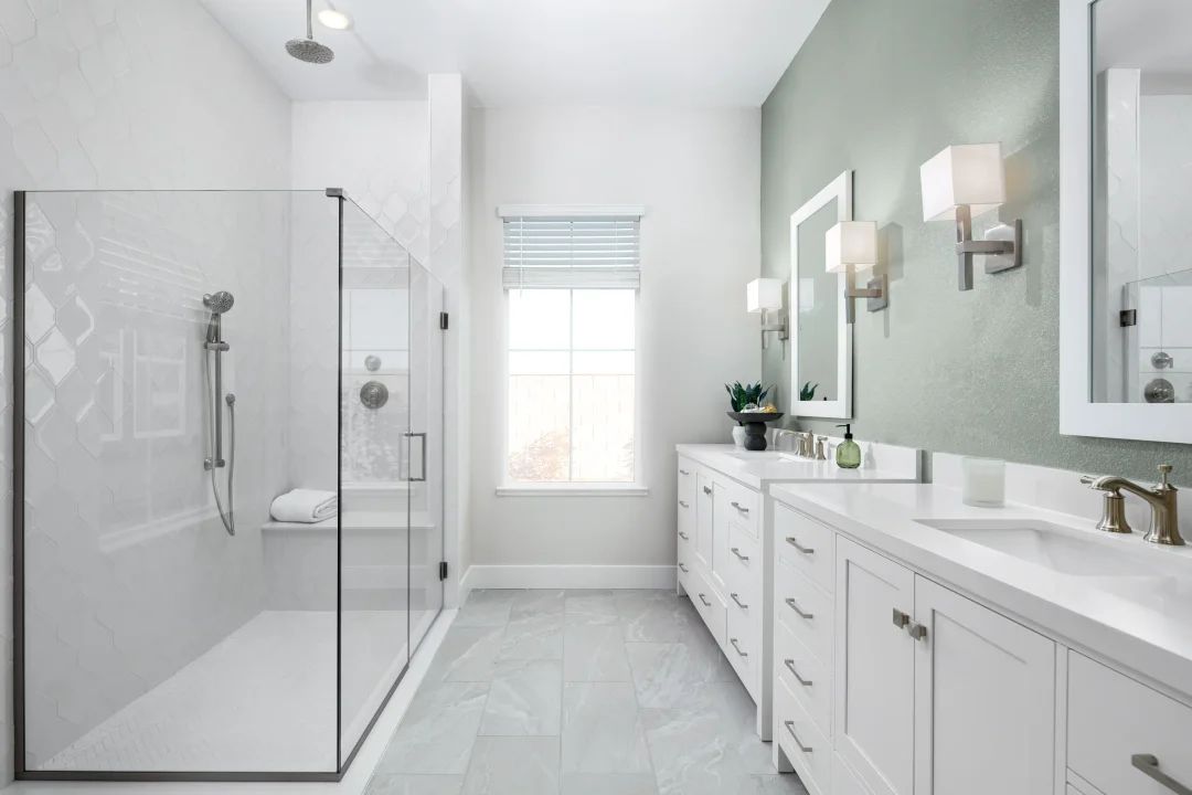 Primary bath with glass shower enclosure