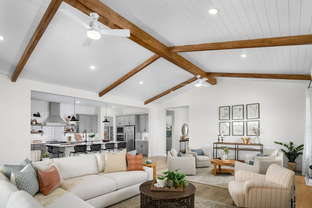 Great room with vaulted ceiling and stained ceiling beams