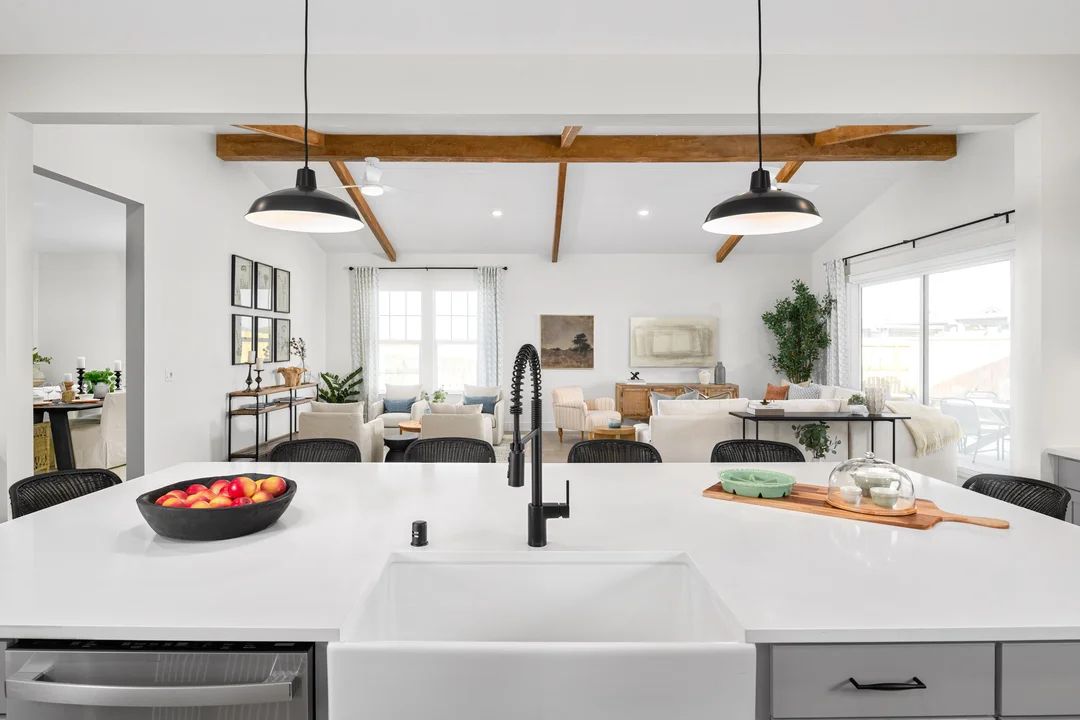Kitchen with apron-front sink overlooking the great room