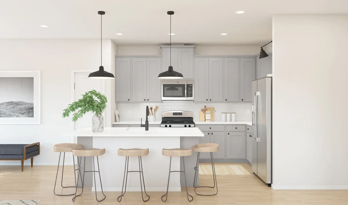 Kitchen with pendant lighting and center island - Artist Rendering