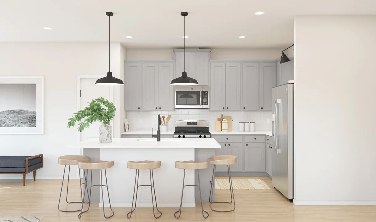 Kitchen with pendant lighting and center island - Artist Rendering