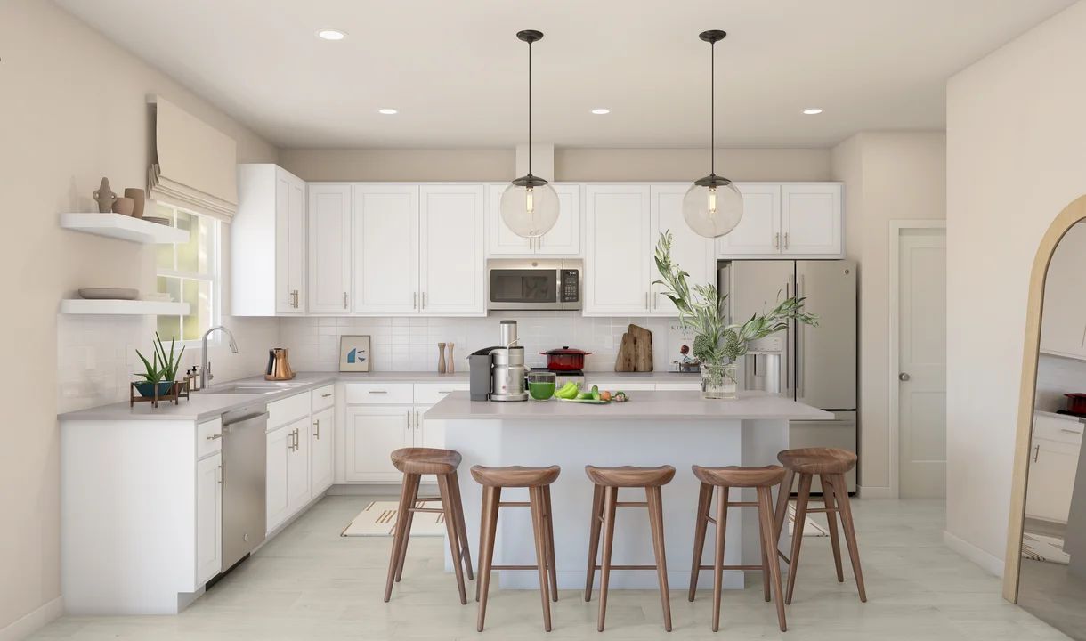 Kitchen with pendant lighting and center island - Artist Rendering