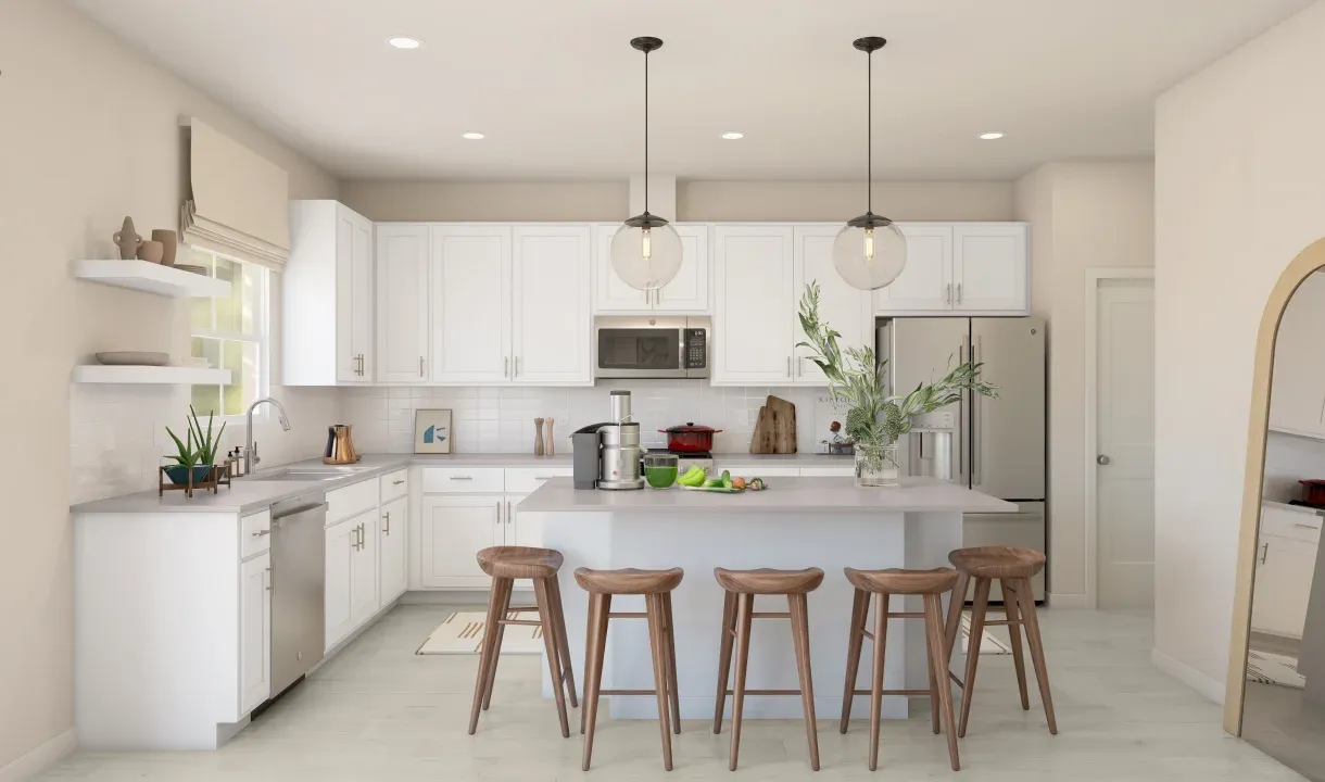 Kitchen with pendant lighting and center island - Artist Rendering