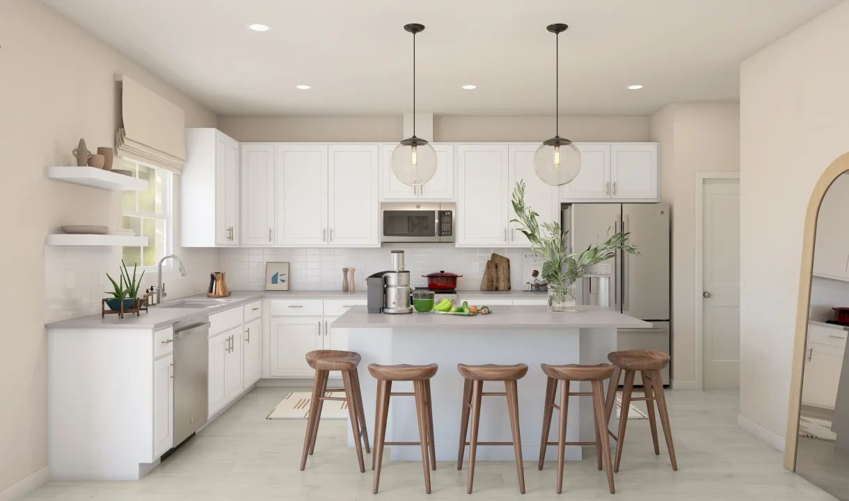 Kitchen with pendant lighting and center island - Artist Rendering