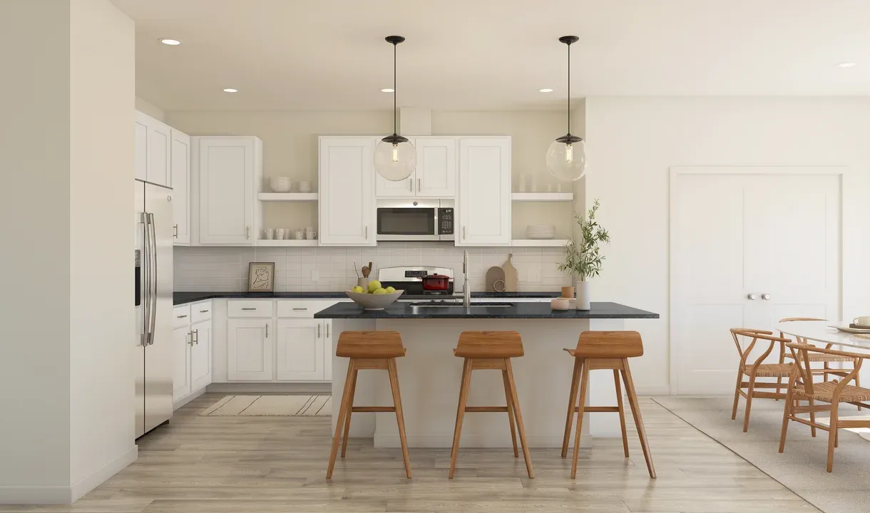 Kitchen with pendant lighting and center island - Artist Rendering