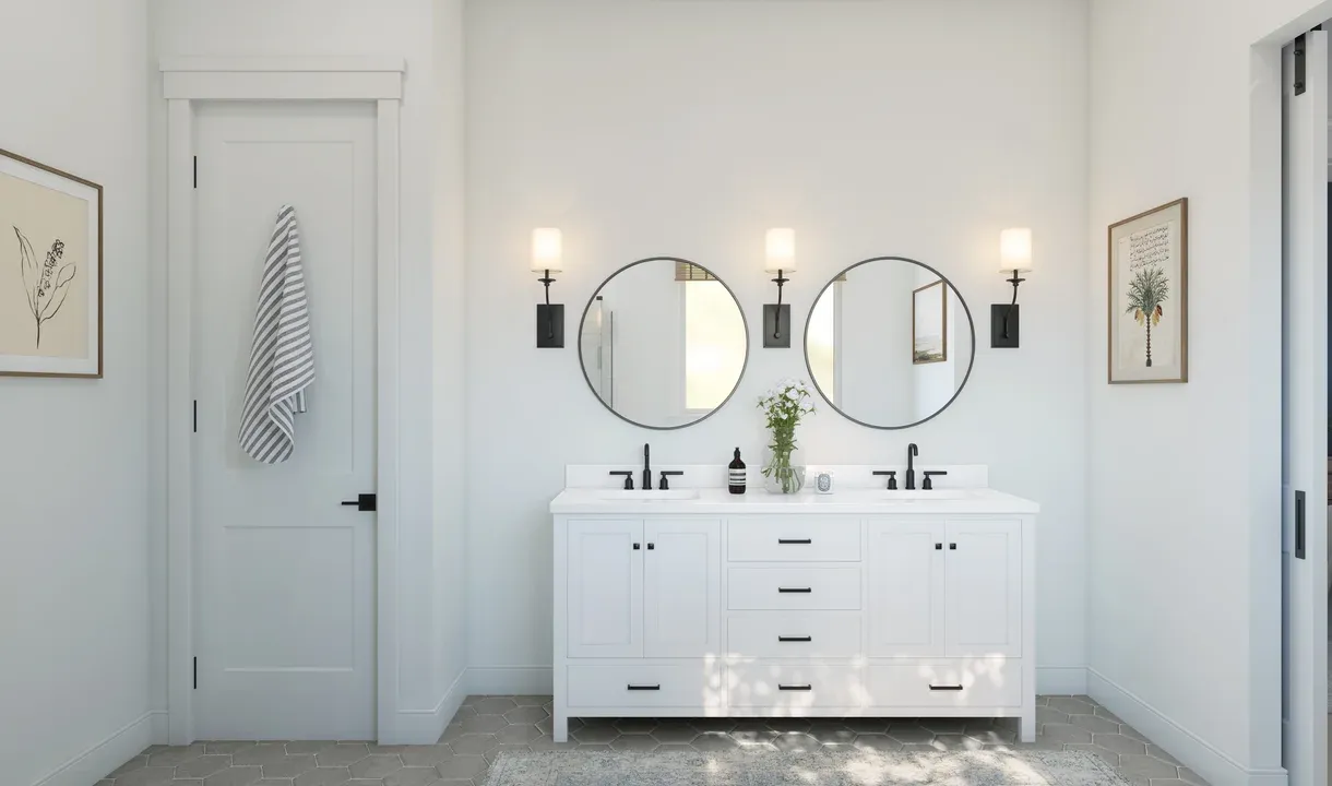 Primary bath with freestanding vanity