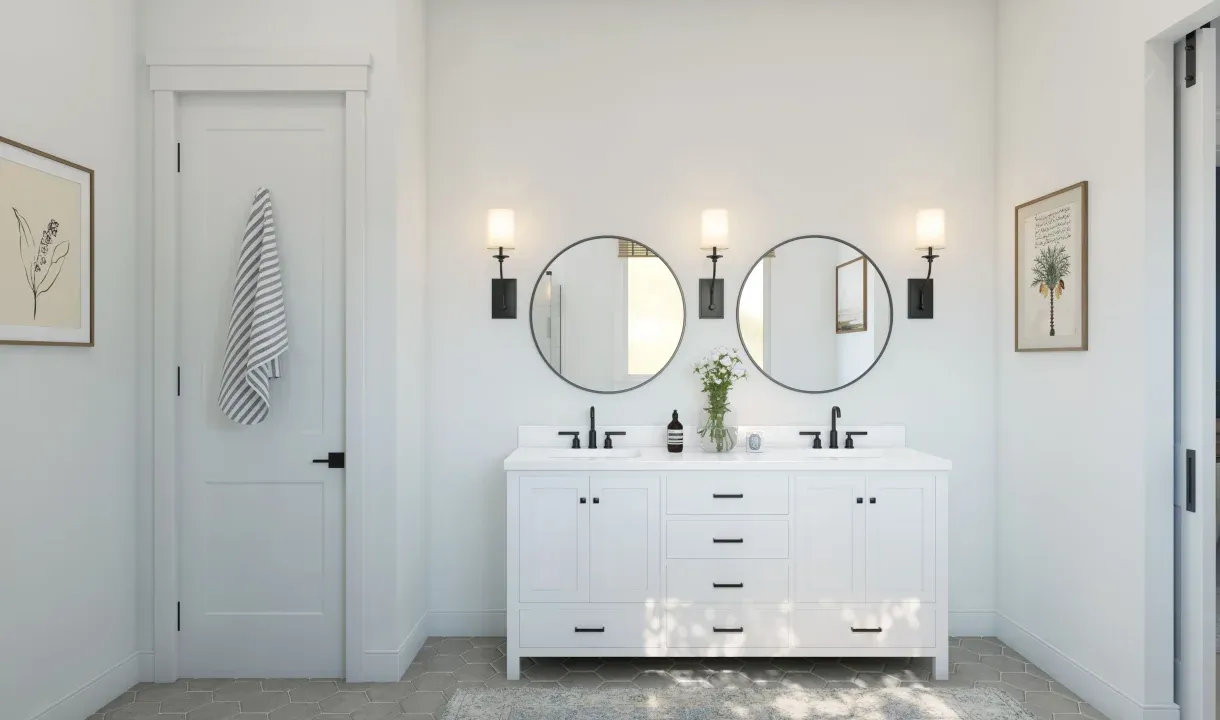Primary bath with freestanding vanity