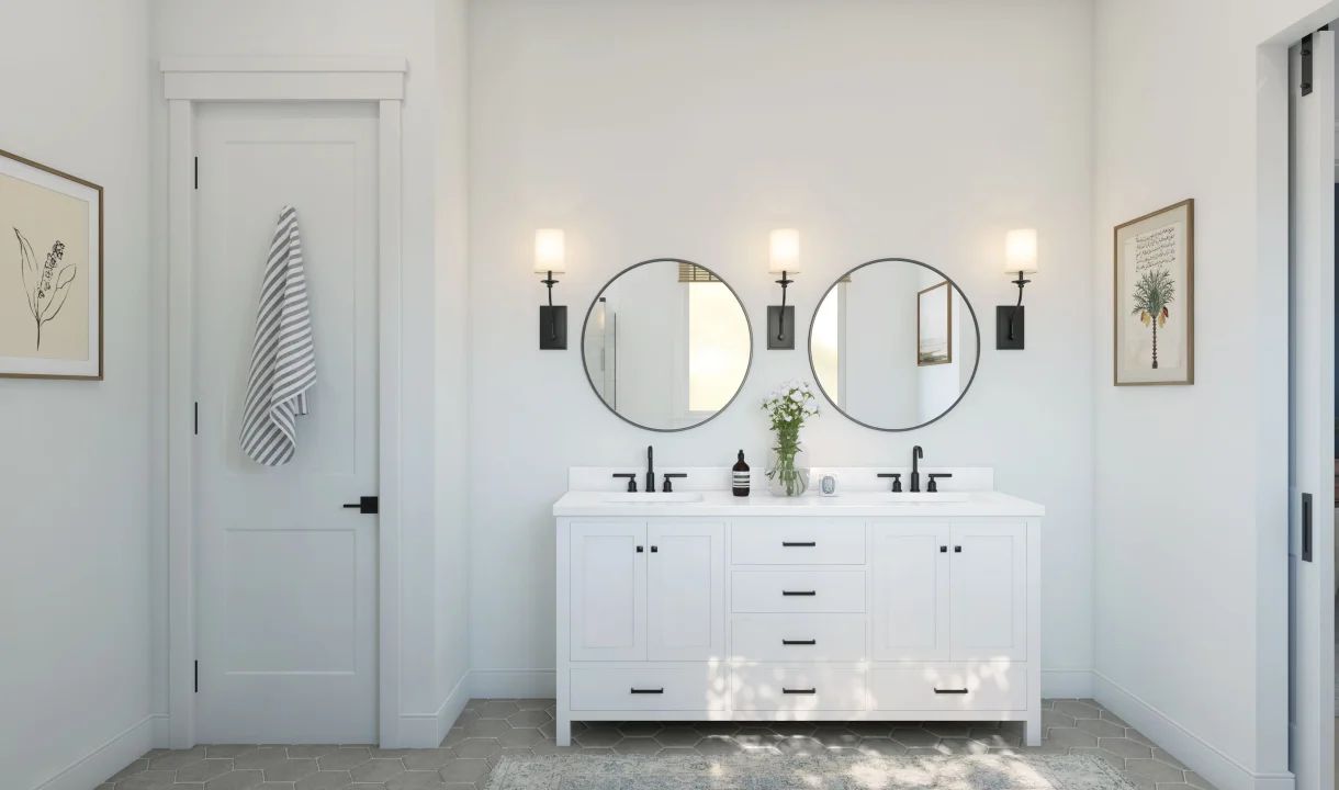 Primary bath with freestanding vanity
