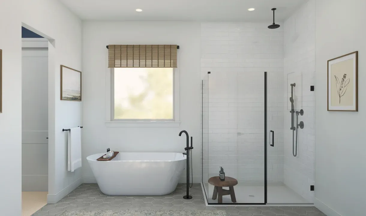 Primary bath with freestanding tub & glass-shower enclosure
