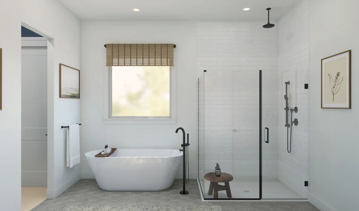 Primary bath with freestanding tub & glass-shower enclosure