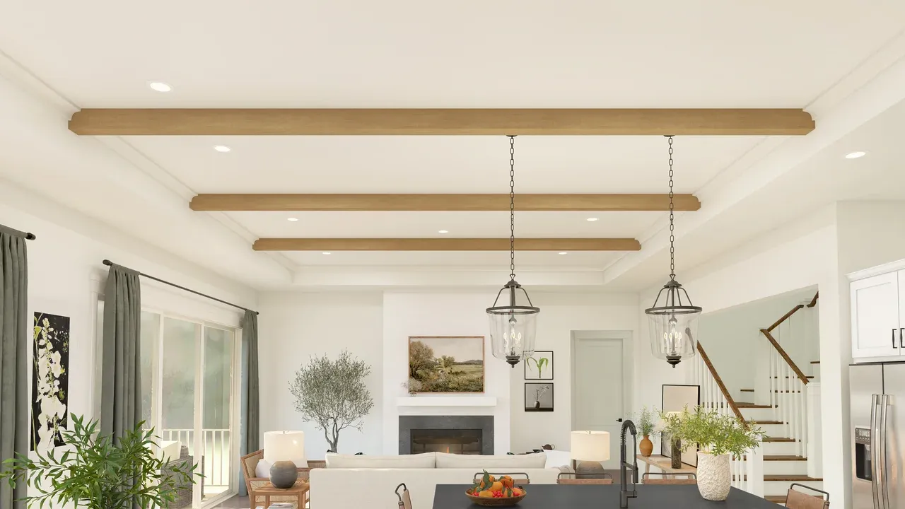 Ceiling beams throughout dining area & great room