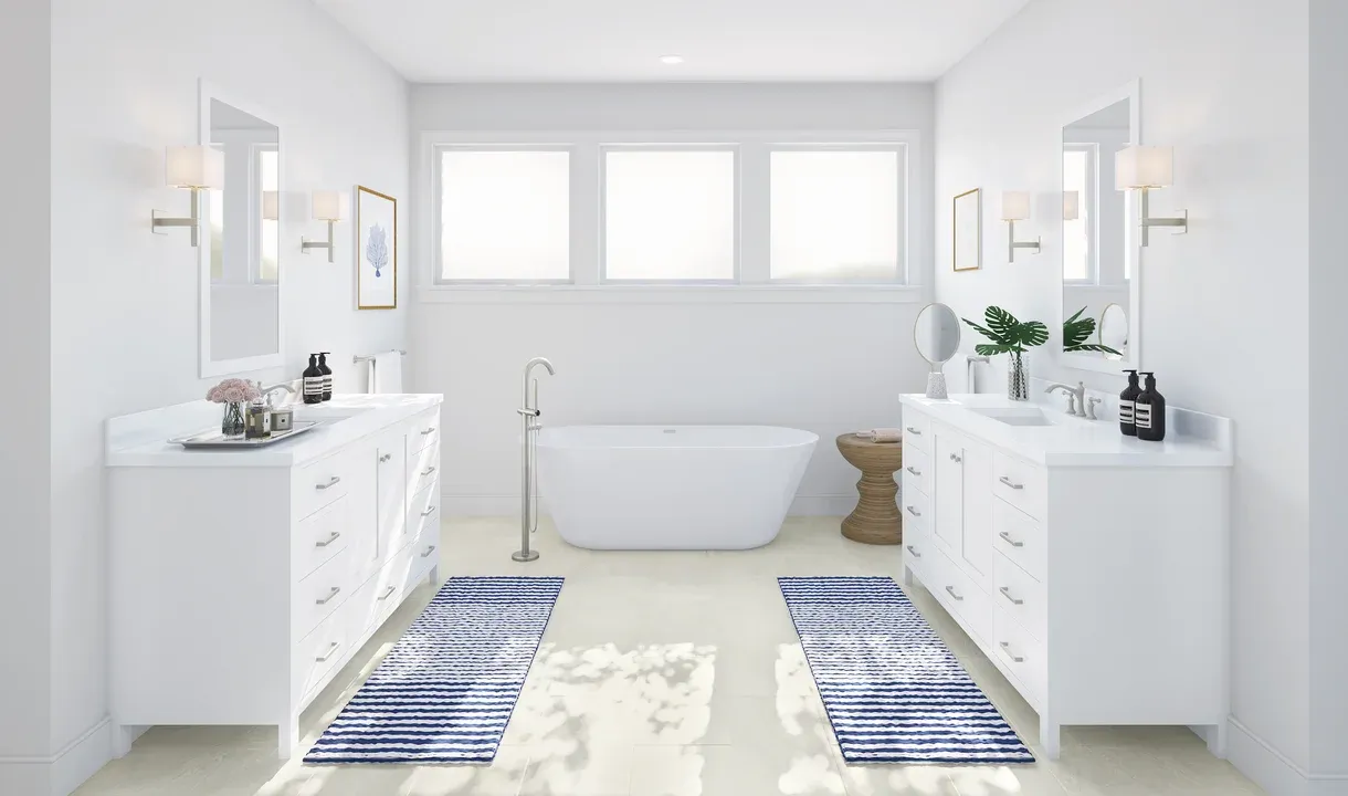 Primary bath with freestanding vanities & tub