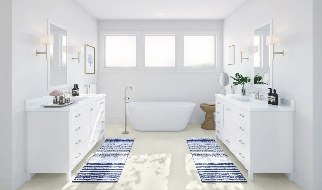 Primary bath with freestanding vanities & tub