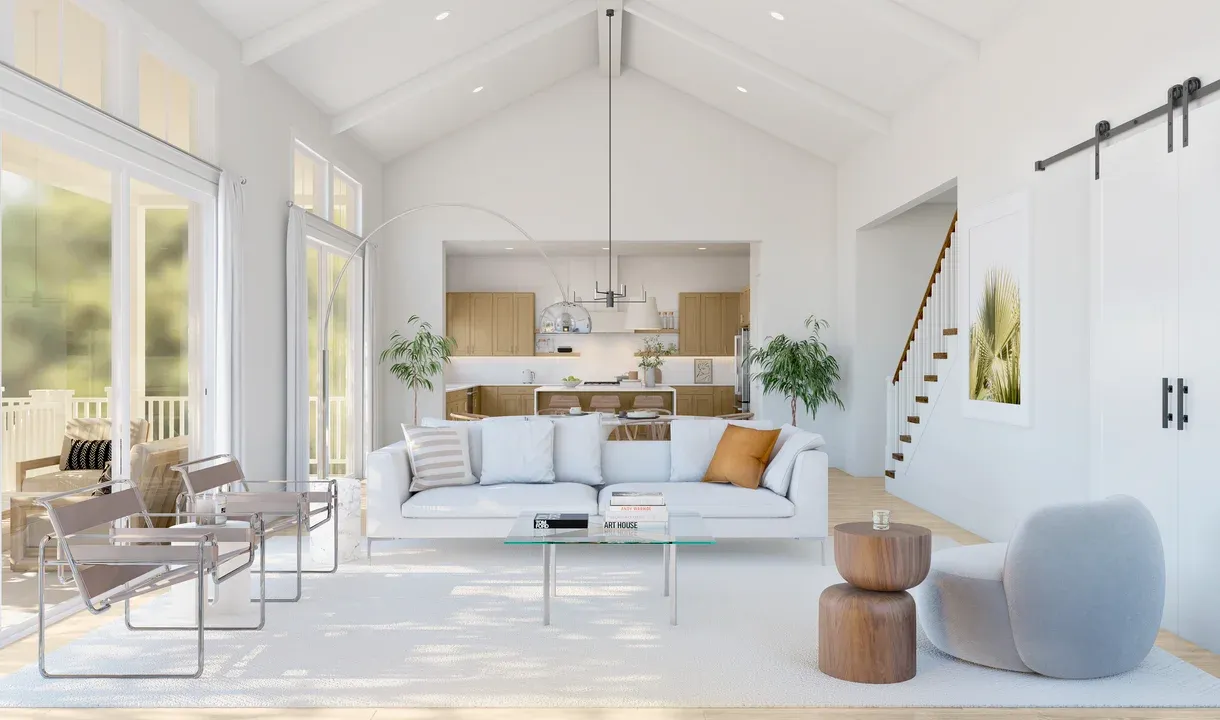 Great room with vaulted ceiling & ceiling beams