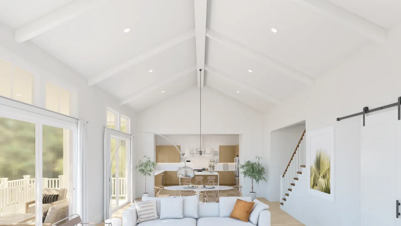 Great room with vaulted ceiling & ceiling beams