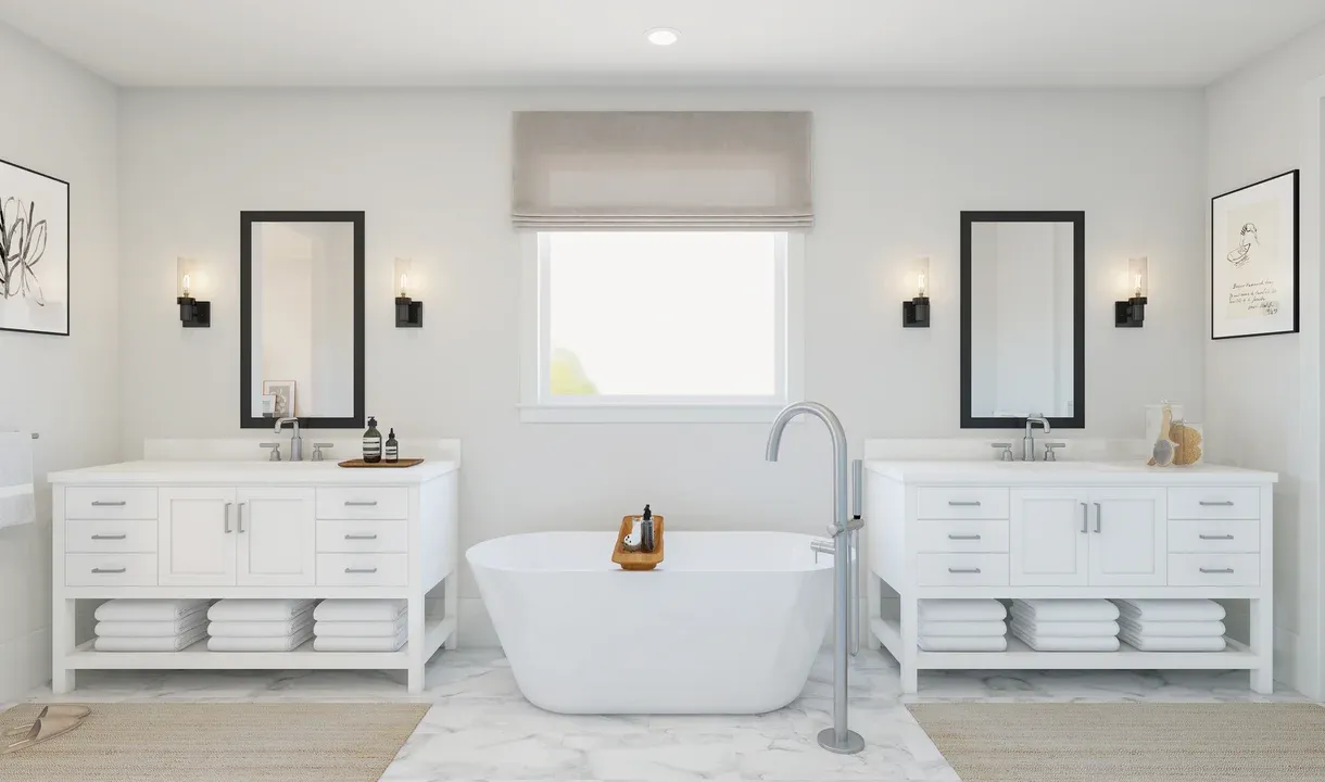 Primary bath with freestanding vanities & tub