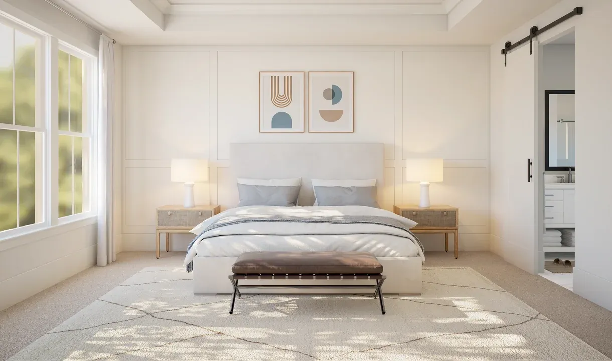 Primary suite with coffered ceiling & bath barn door