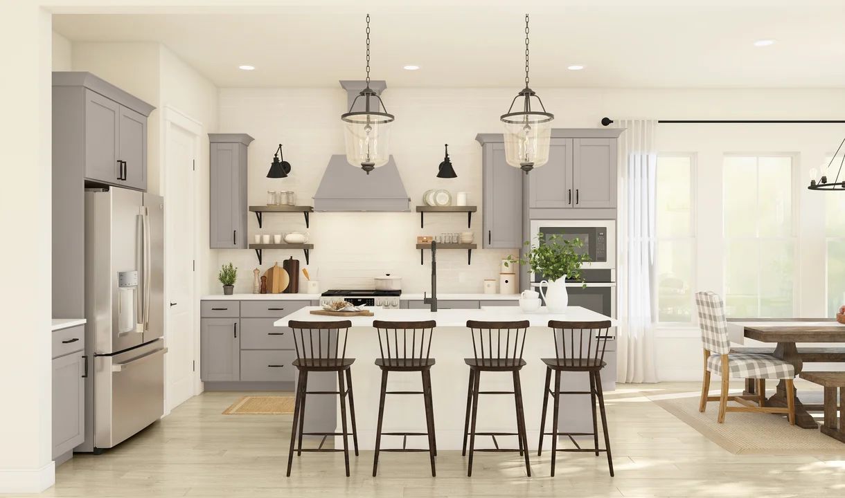Kitchen with pendant lights and grey cabinets