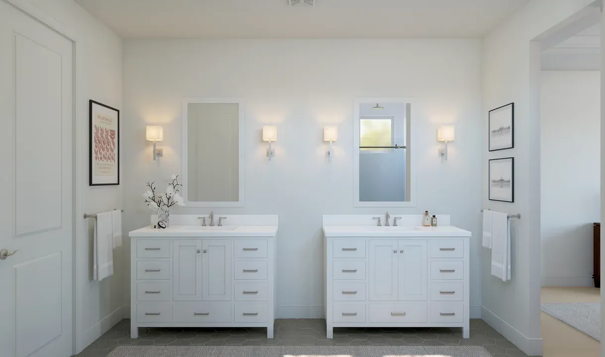 Primary bath with dual freestanding vanities