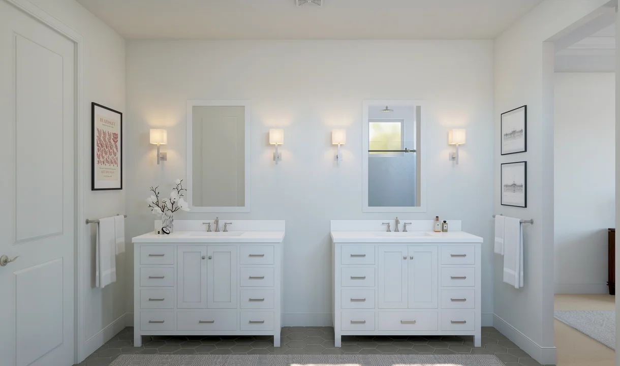 Primary bath with dual freestanding vanities