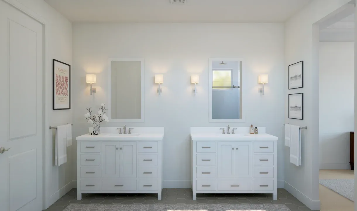 Primary bath with dual freestanding vanities