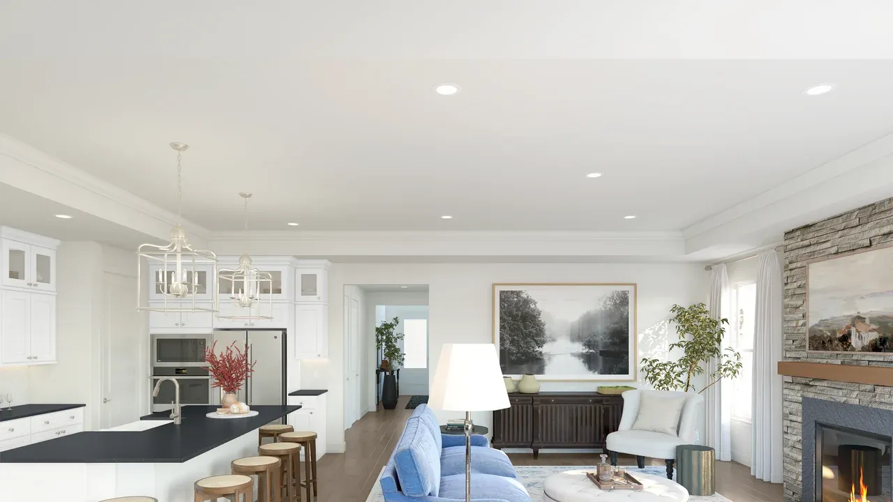 Great room & kitchen with ceiling moulding