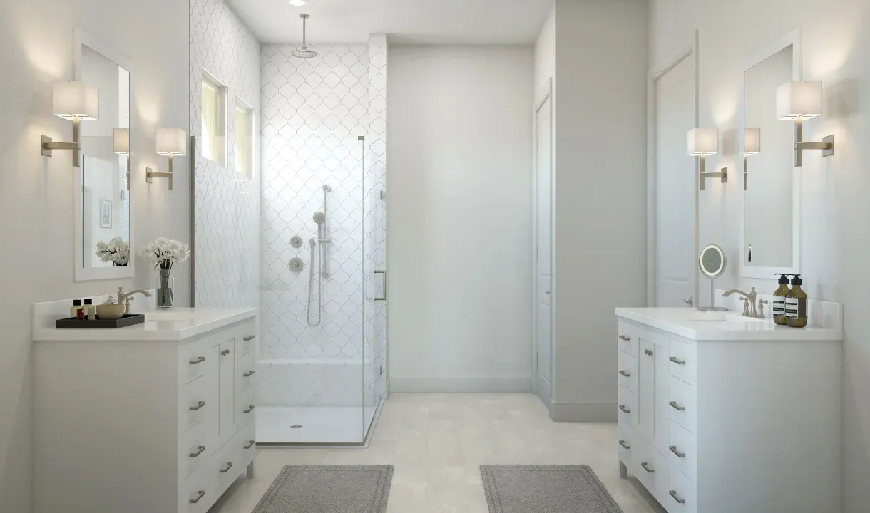 Primary bath with dual freestanding vanities