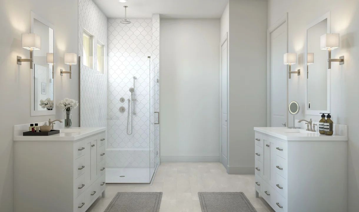 Primary bath with dual freestanding vanities
