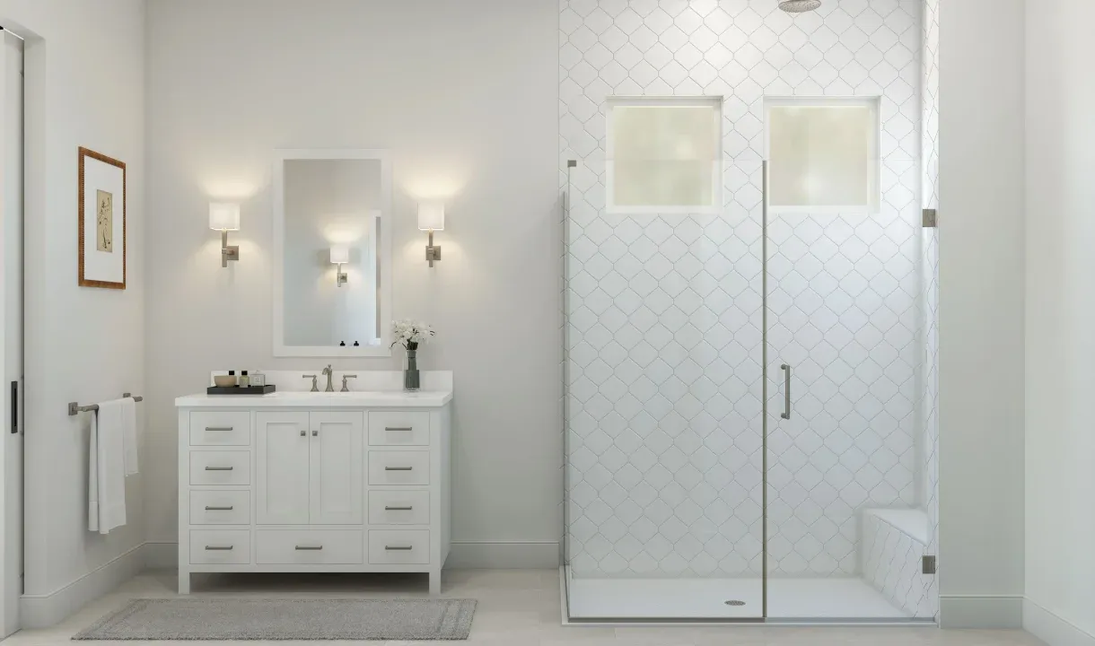 Primary bath with glass shower enclosure