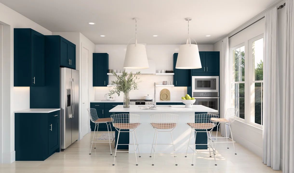 Kitchen with deep blue cabinets & floating shelves