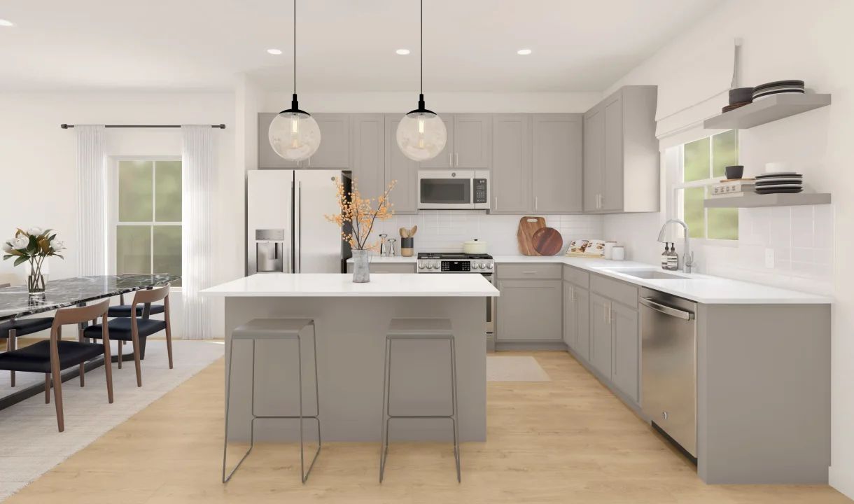 Kitchen with pendant lighting & floating shelves