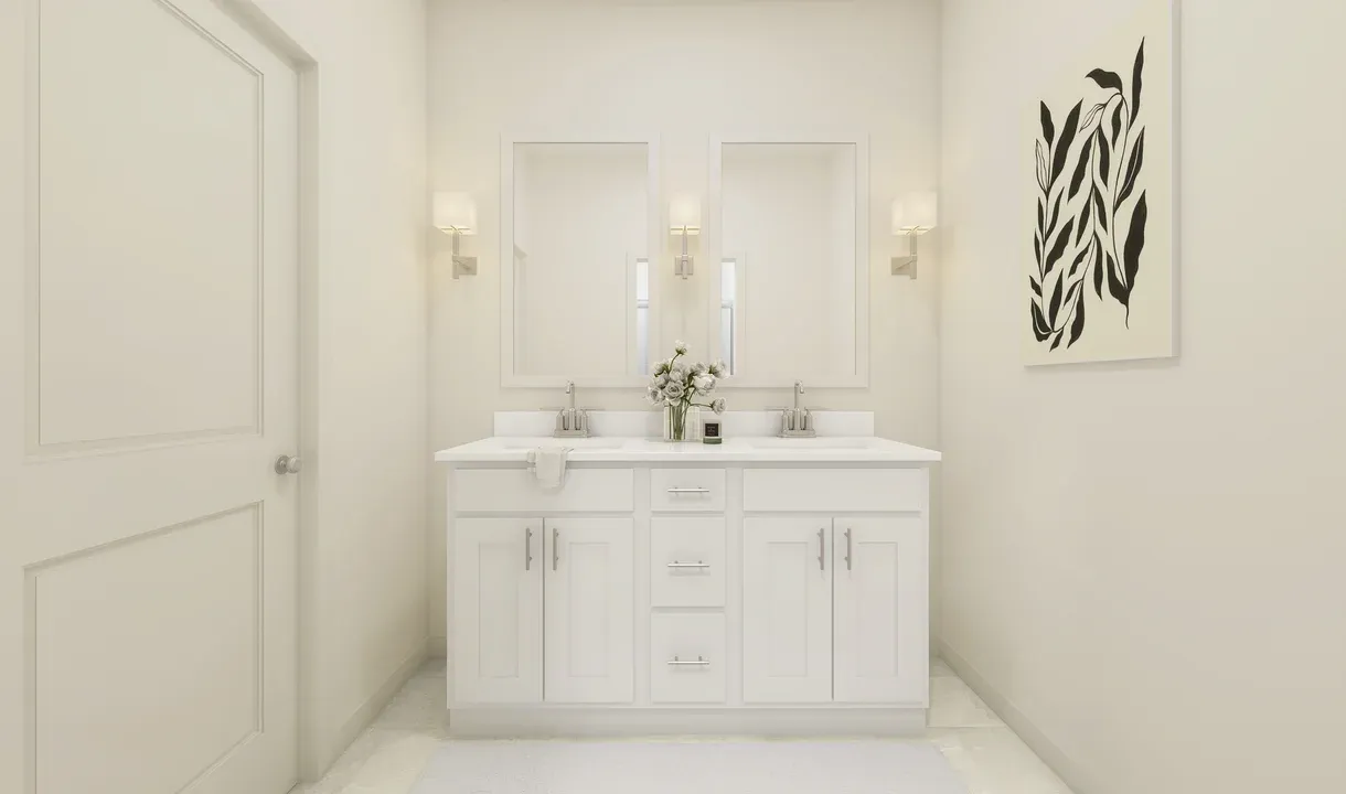 Primary bath with freestanding dual vanities