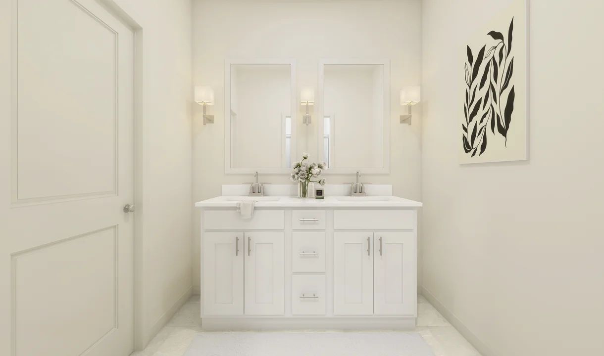 Primary bath with freestanding dual vanities